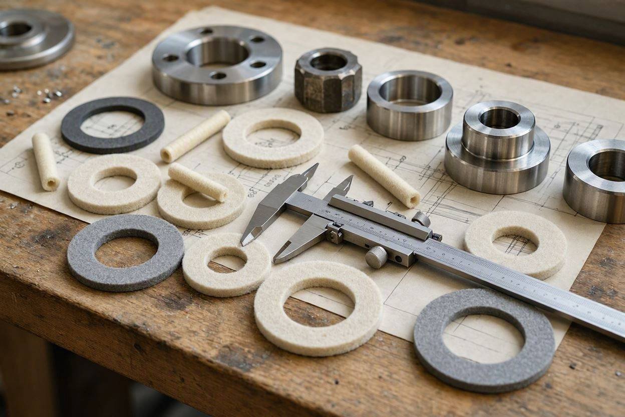 Felt washers and gaskets beside machined metal parts on a workbench
